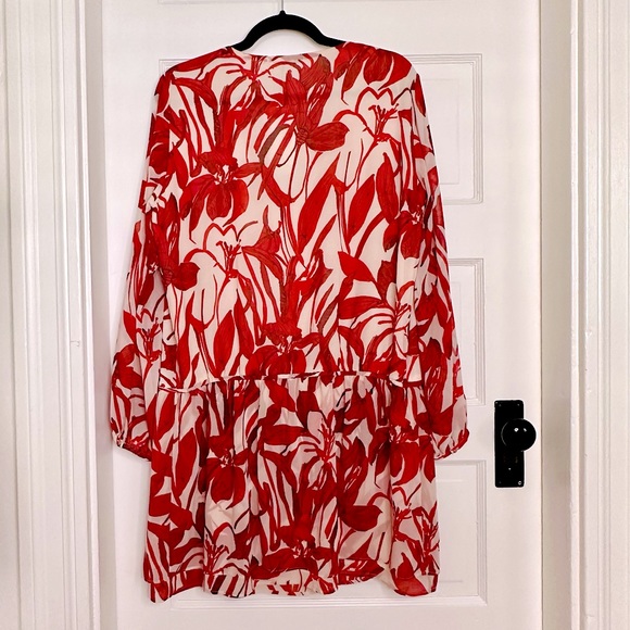 NWT Mango Suiting Red Floral V-Neck Sheer Long Sleeve Tunic Dress, Size 8 US - Picture 11 of 13
